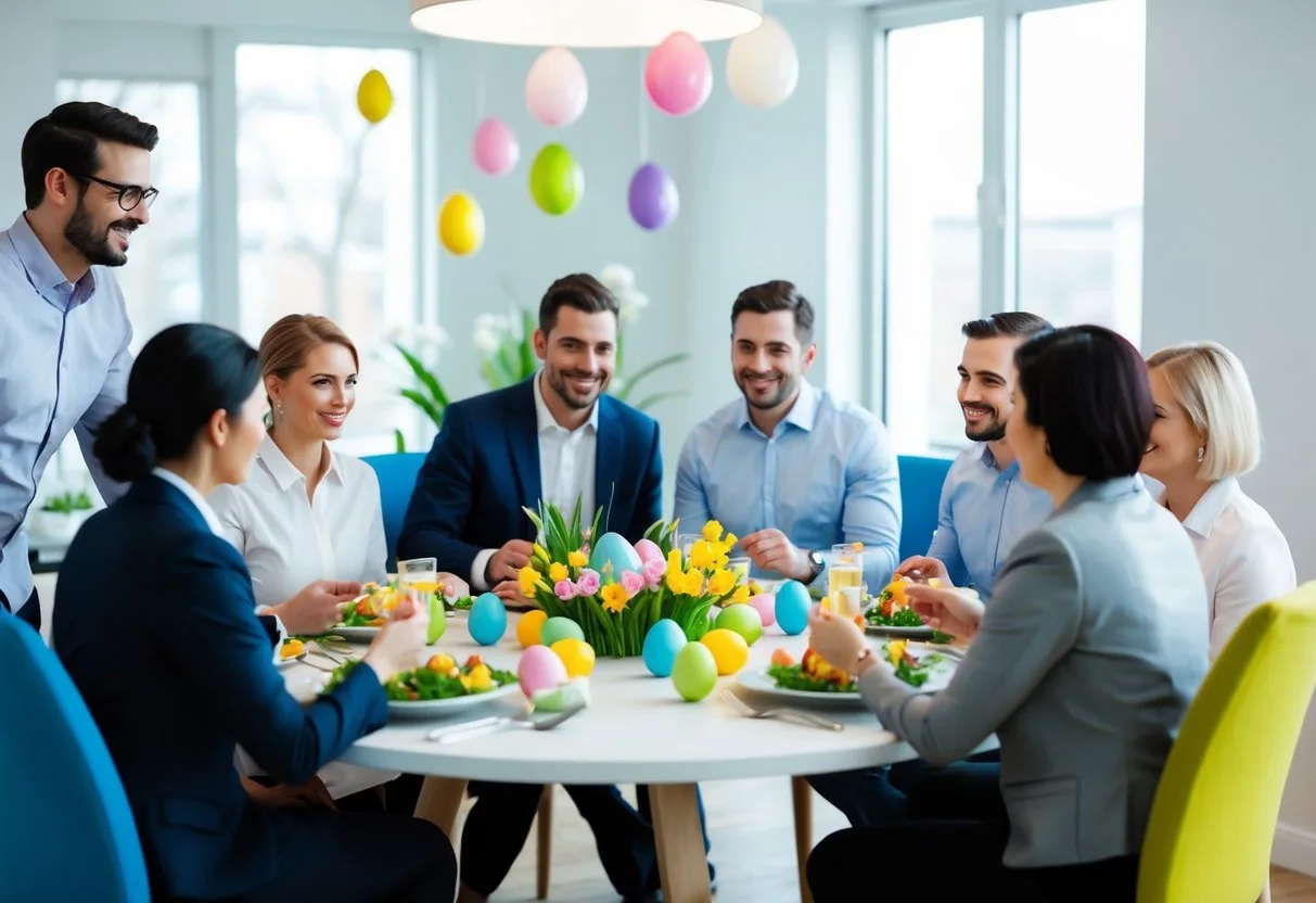 En gruppe medarbejdere samles rundt om et bord udveksler påskehilsener og deler et festmåltid Farvede æg og forårsblomster dekorerer rummet